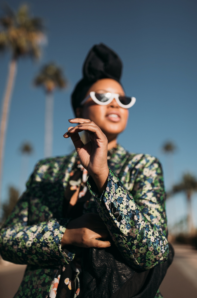 ASOS Coordinated Florals Pants Suit With Denim Turban Against Arizona Landscape