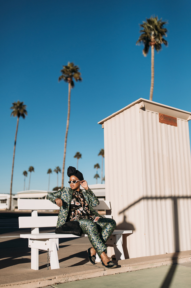 ASOS Coordinated Florals Pants Suit With Denim Turban Against Arizona Landscape