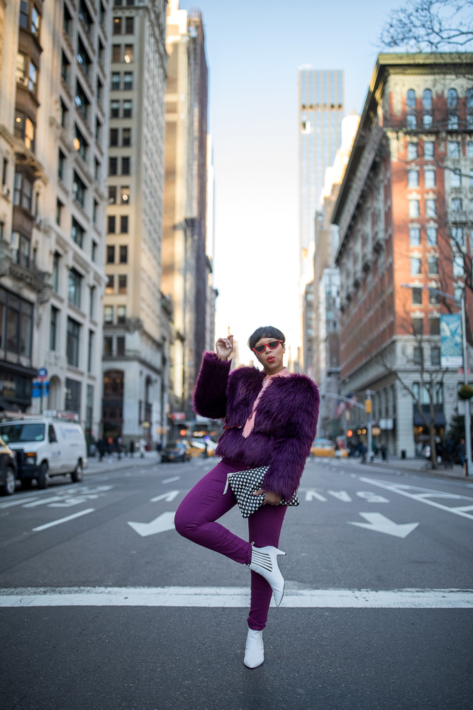 NYFW Monochromatic Look Featuring Purple Faux Fur Coat