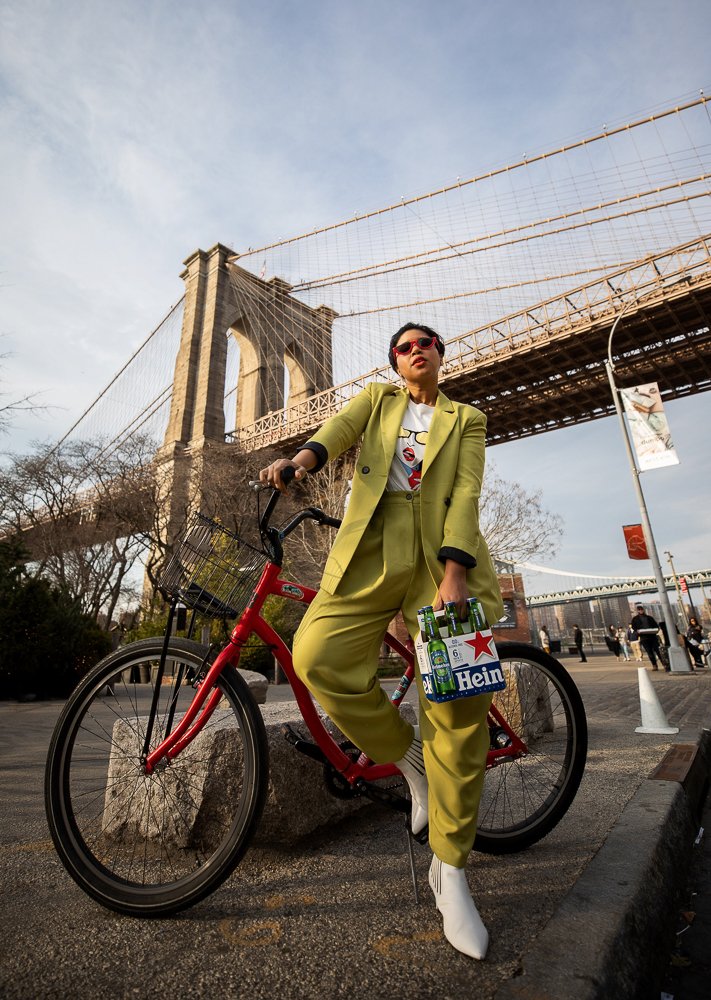 ASOS Citrus Green Suit on a Bicycle at Brooklyn Bridge Park