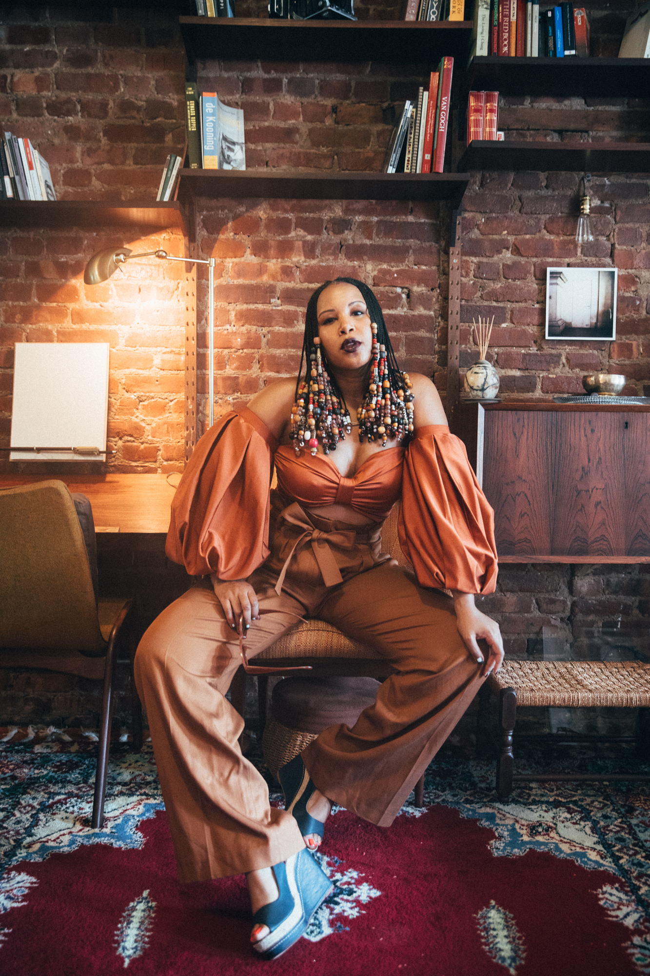 Fe Noel Rust Puff Sleeve Bodysuit and Sezane Rust Wide Leg Trousers